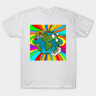 Vibrant 70s Style Planet Earth with Flowers (MD23ERD005) T-Shirt